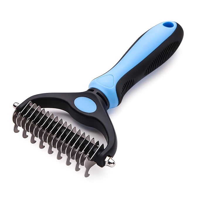 Pet Grooming Brush - Double Sided Shedding and Dematting Undercoat Rake for Dogs and Cats - Extra Wide Dog Grooming Brush, Dog Brush for Shedding, Cat Brush, Dog Brush, Pet Comb, Blue