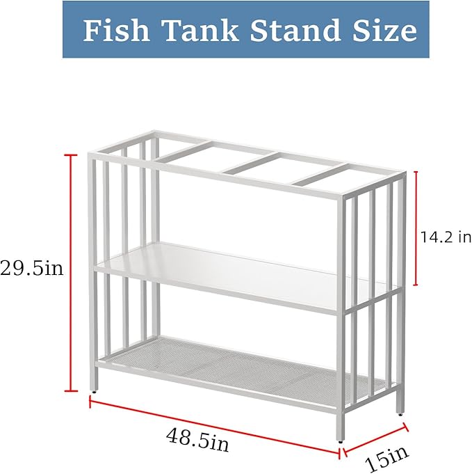 Fish Tank Stand with Metal Shelves, 55 Gallon Aquarium Stand Heavy Duty Turtle Tank Terrariums Tank Breeder Reptile Tank Stand for Home Office, 48.4” x 14.9” x 29.5” (White)