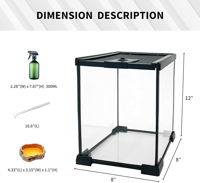 Upgrade！Reptile Glass Terrarium kit，8"x8"x12"Terrarium Enclosure Amphibians Tank Cage with Magnetic Sliding Door for Small Reptiles, Amphibians and Invertebrates.