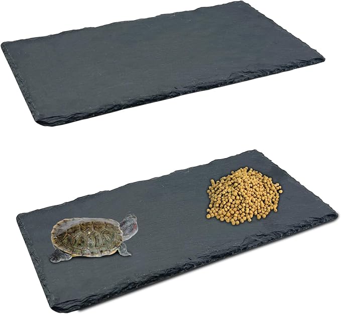 Small Reptile Basking Platform 2 Pcs Reptile Basking Rock Natural Turtle Food Bowl Dish 9.84 x 4.72 inch Feeding Slate Rock for Lizard Tortoise Bearded Dragon Chameleon Gecko Frog Snake