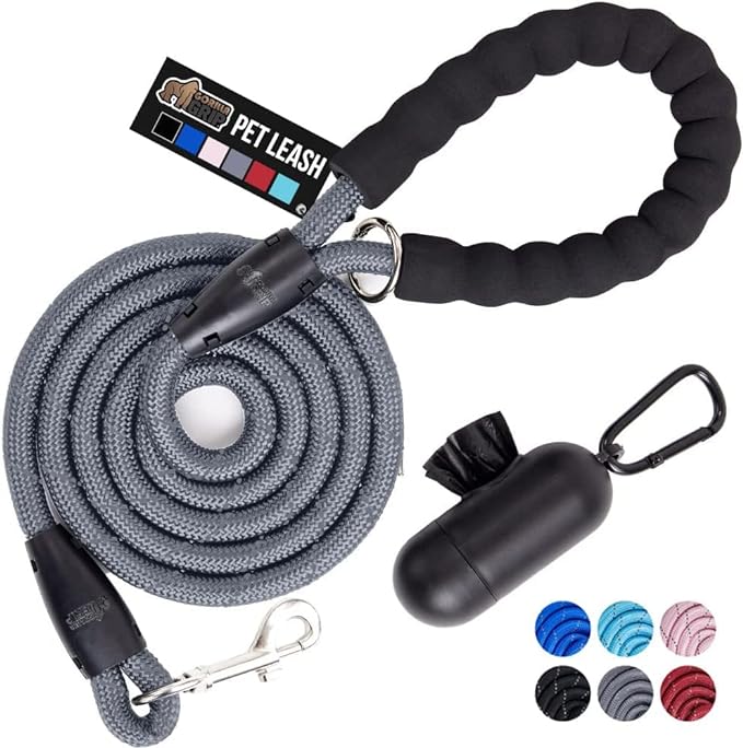 Gorilla Grip Heavy Duty Dog Leash, Soft Handle, Strong Reflective Rope for Night Pet Walking, Small Medium Large Animals, Durable Puppy Training Leashes, Rotating Metal Clip, Waste Bag Dispenser, Gray