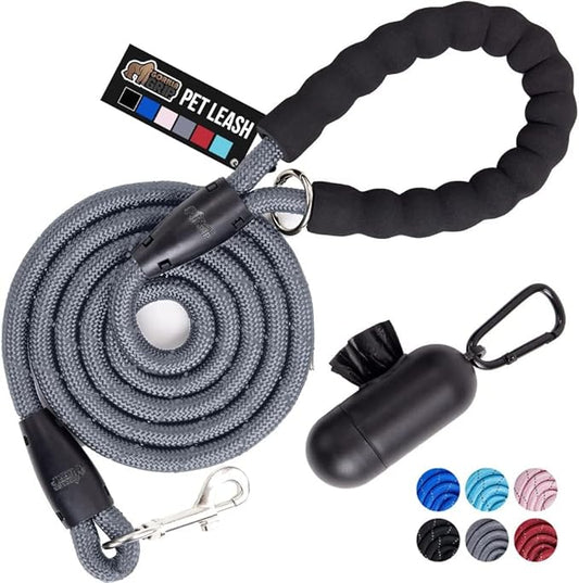 Gorilla Grip Heavy Duty Dog Leash, Soft Handle, Strong Reflective Rope for Night Pet Walking, Small Medium Large Animals, Durable Puppy Training Leashes, Rotating Metal Clip, Waste Bag Dispenser, Gray