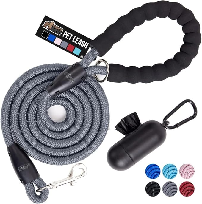 Gorilla Grip Heavy Duty Dog Leash, Soft Handle, Strong Reflective Rope for Night Pet Walking, Small Medium Large Animals, Durable Puppy Training Leashes, Rotating Metal Clip, Waste Bag Dispenser, Gray