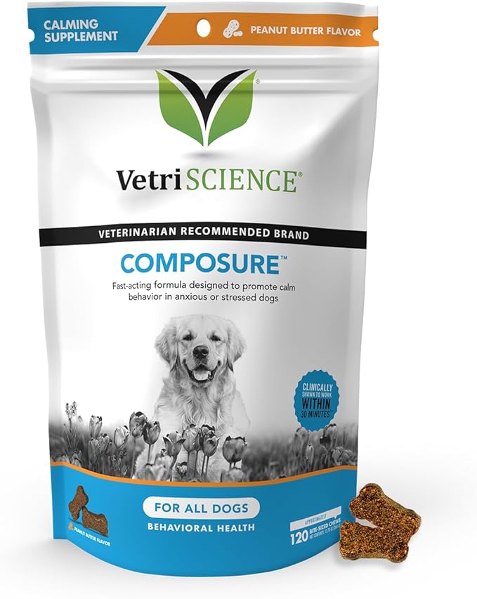 VetriScience Composure Calming Chews for Dogs - Clinically Proven Dog Anxiety Relief Supplement with Colostrum, L-Theanine & Vitamin B1 for Stress, Storms, Separation & More - 120 Peanut Butter Chews