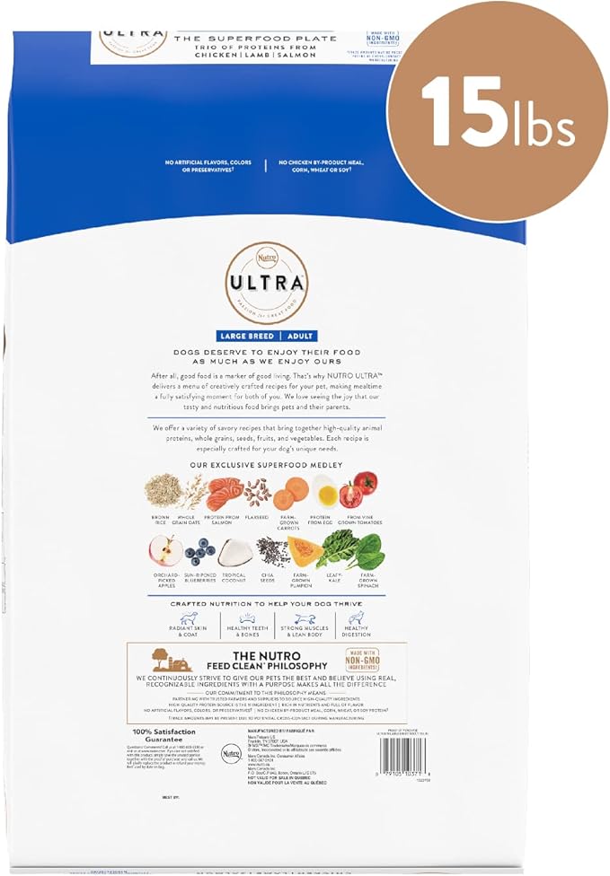 NUTRO ULTRA Adult Large Breed High Protein Natural Dry Dog Food with a Trio of Proteins from Chicken Lamb and Salmon, 15 lb. Bag