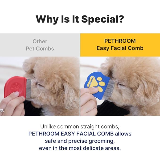 [PETHROOM] Easy Facial Comb | Pet Eye Booger Remover Comb for Cats and Dogs | Round Head Fine-Tooth Metal Comb for Tear Stains | Stainless Steel Cleaner and Grooming Tool | Dog eye comb