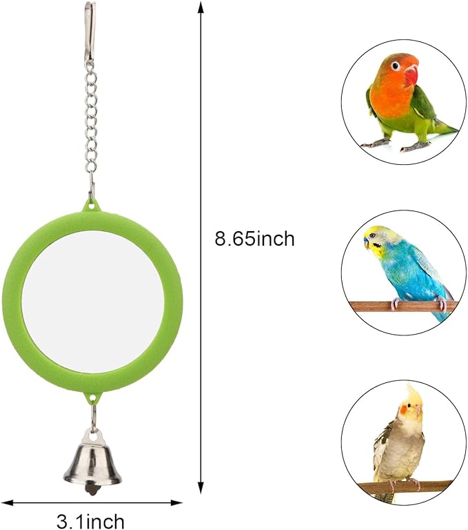 Hypeety Pet Bird Mirror with Bell Interactive Parrot Toy Bird Cage Mirror for Cockatiel Parakeets Canaries Budgie (Green)