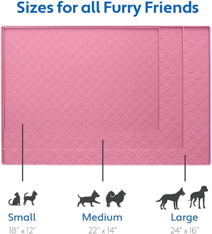 MIGHTY MONKEY 100% Waterproof Dog Food Mat, Raised Edges Silicone Pet Feeding Placemat for Cat, Dogs, Pet Bowls, High Lipped Tray Prevents Water Spills, Food on Floor, Dishwasher Safe, 18x12, Pink