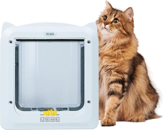 Magnetic Interior & Exterior Cat Door with 4 Way Locking，Cat Door Latch（Outer Size：11.5‘’x10.2‘’ Inter Size：7.5‘’x7.1‘’） Weatherproof Cat Door ，Cat Door for Window,Cat Door Interior Door