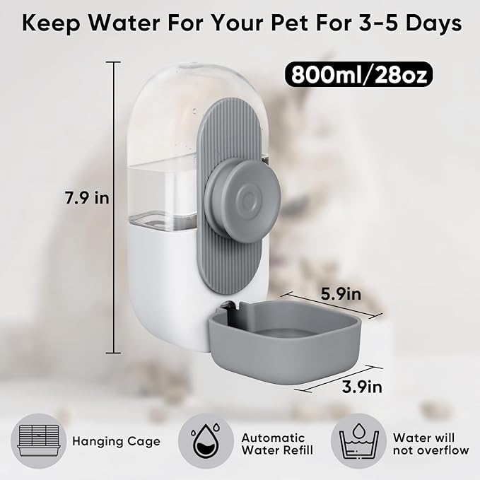 28oz Hanging Automatic Water Dispenser，Rabbit Water Bottle,Bunny Guinea Pig Ferret Water Bowl for Cage,Suitable for Small Animal Puppies(Cage Grid Spacing Over 1.2'')(Gray)