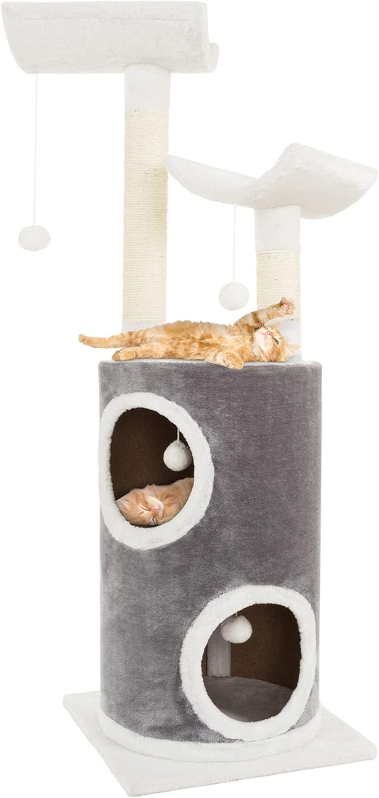 45in Cat Tree with Napping Perches, 2 Story Cat Condo, Cat Scratching Posts, and Hanging Toys - Cat Tower for Indoor Cats by PETMAKER (Gray)