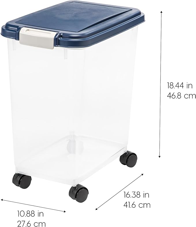 IRIS USA Airtight Dog Food Storage Container, Up to 30 lbs, Attachable Wheels, for Dog Cat Bird and other Pet Food Storage Bin, Keep Fresh, Easy Mobility, BPA Free, Navy