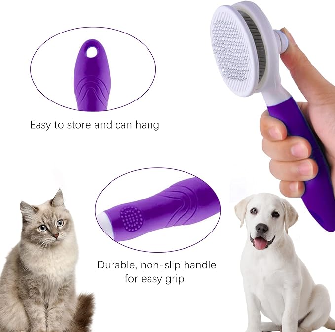 Cat Grooming Brush, Self Cleaning Slicker Brushes for Dogs Cats Pet Grooming Brush Tool Gently Removes Loose Undercoat, Mats Tangled Hair Slicker Brush for Pet Massage-Self Cleaning Upgraded (PURPLE)