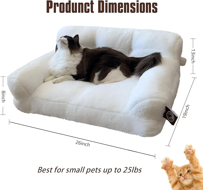 Pet Couch Bed, Washable Cat Beds for Medium Small Dogs & Cats up to 25 lbs, Soft Calming Cat Sofa Beds for Indoor Cats Anti-Slip Bottom，Fluffy Cat Couch (White)