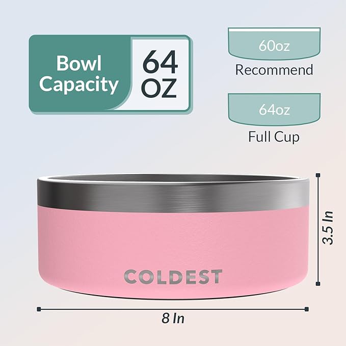 Coldest Dog Bowl - Anti Rust Metal & Non Slip Dog Bowls Large, Spill Proof Heavy Duty 3 Layers Insulated Dog Bowl - Food and Water Bowl for Dogs, Cats & Pets, Dishwasher Safe (64 oz,Cotton Candy Pink)