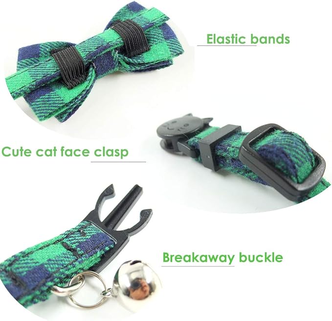 Cat Collar Breakaway with Bell and Bow Tie, Plaid Design Adjustable Safety Kitty Kitten Collars Set of 2 PCS (6.8-10.8in) (Green&Light Blue Brown)