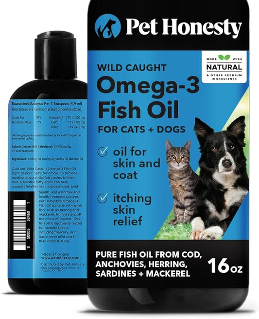 Pet Honesty Omega 3 Fish Oil for Cats & Dogs (16oz), Wild Caught Omega 3 Fish Oil for Dogs Skin and Coat Supplement, Supports Shedding, Skin & Coat, Immunity, Joint, Brain & Heart, EPA + DHA