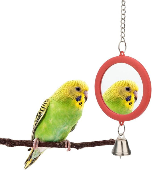 Pet Bird Mirror with Bell Interactive Parrot Toy Bird Cage Mirror for Cockatiel Parakeets Canaries Budgie (RED)