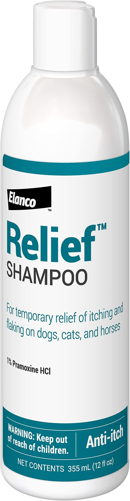 Elanco Relief Shampoo, temporary relief of itching and flaking, moisturizer for dry skin and coat, for dogs, cats and horses, 12 oz