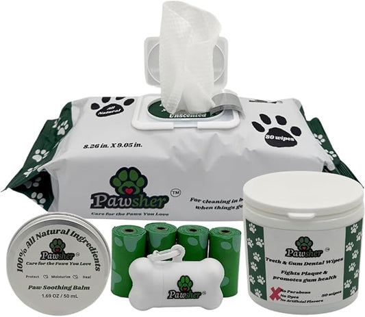 Puppy Care Box - includes Dog wipes, Paw Balm, Dental Finger Wipes and dog poop bags rolls with bone-shaped dispenser - puppy essentials for grooming, teeth cleaning and paw care.