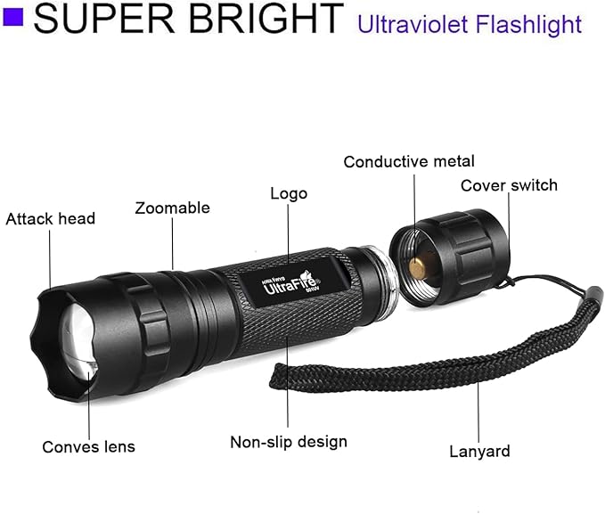 ULTRAFIRE 501B UV Flashlight Adjustable Focus 395nm Ultraviolet Black Light Mini Flashlight,Pet Urine Detector for Resin Curing, Dry Stain, Scorpion and Bed Bug UV Torch