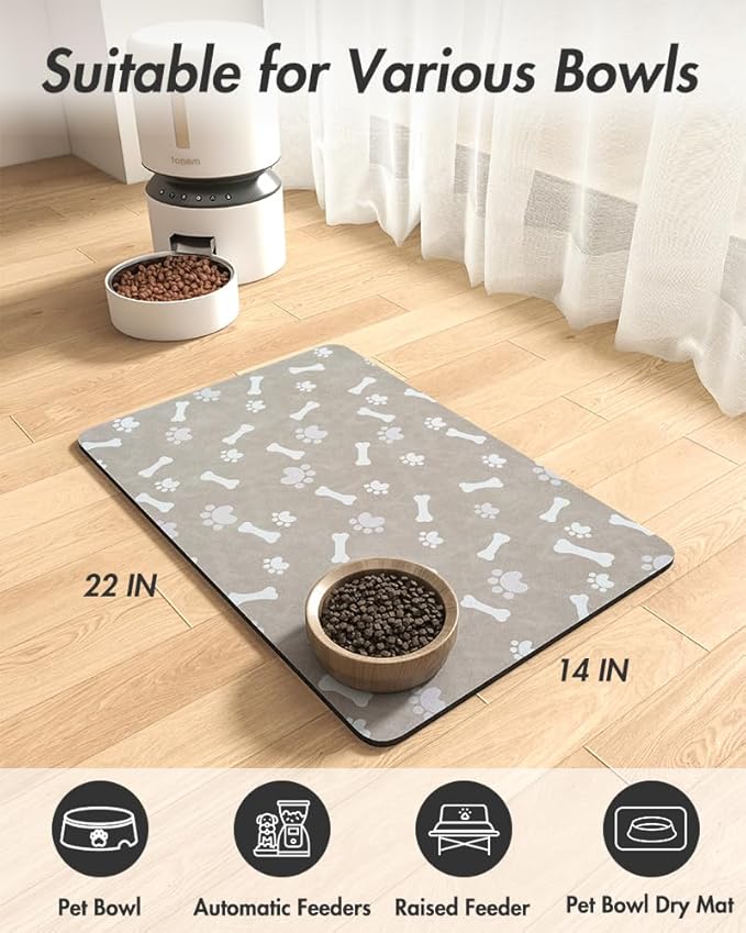 Pet Feeding Mat-Absorbent Dog Food Mat-Dog Mat for Food and Water-No Stains Quick Dry Dog Water Dispenser Mat-Pet Supplies-Dog Placemat Dog Water Bowl for Messy Drinkers (14"x22", Grey)