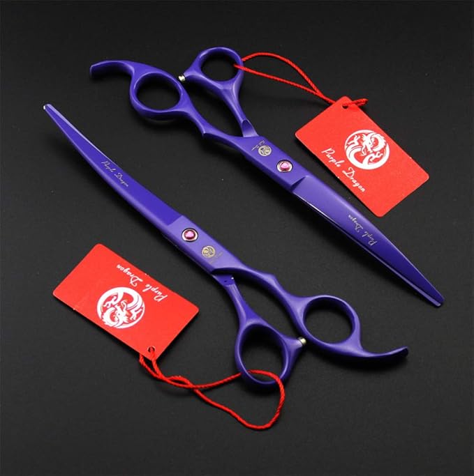 Purple Dragon Professional 7.0 inch 4PCS Pet Grooming Scissors Kit Japan Premium Steel Straight & Curved & Thinning Blade Dog Hair Cutting Shears Set with Case