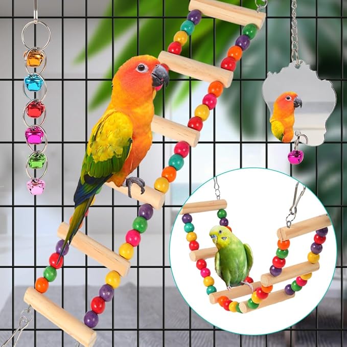 Bird Toys for Parakeets 9Pcs,Bird Wooden Ladder Bridge Parrots Toys Budgie Toys Bird Cage Accessories,Swing Hammock for Conure,Cockatiel,Love Birds, Finches, Mynah,Budgerigar