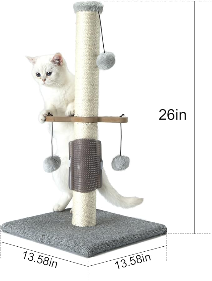 Cat Scratching Post Sisal Vertical Scratcher Posts for Indoor Cats and Kittens,Three Hanging Ball Toy and Self-Grooming Brush,26inches Cat Scratch Pole Grey