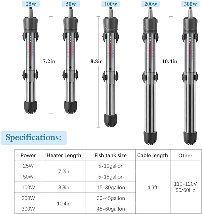 HITOP 25W 50W Adjustable Aquarium Heater, Submersible Fish Tank Heater Thermostat with Suction Cup (25W)