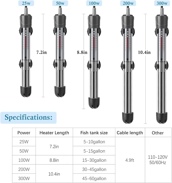 HITOP 25W 50W 100W 200W 300W Adjustable Aquarium Heater, Submersible Fish Tank Heater Thermostat with Suction Cup (200W)