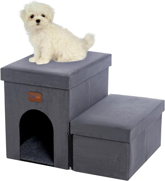 Dog Stairs with Storage and Condo, 2-Step Dog Steps for High Bed, Sofa and Car, Folding Pet Srairs for Puppy, Small Dogs and Cats, Grey