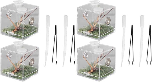 balacoo 4 Sets Jumping Spider Enclosure: Spider Cage Habitat Terrarium Micro Scorpion Droppers Reptile Hide Clear Jumping Enclosure Breeding Box Case with Breeding Tweezers Tank