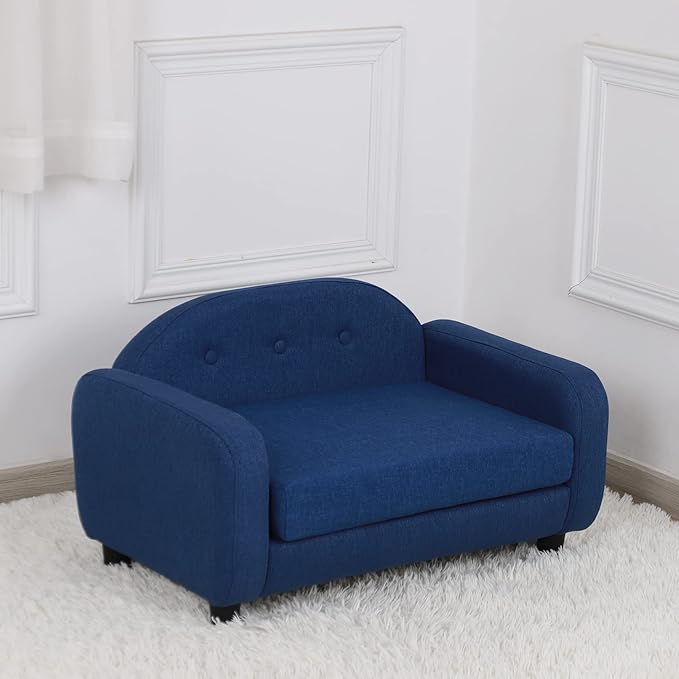 Dog Sofas and Chairs for Small Pet/Cat Sofa Bed with Wooden Frame/Bed for dogs with Linen Fabric/Cat Sofa Chair with Cushion/Dog Couch for Small Dog Rest Using (Blue)