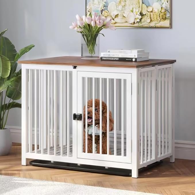 Heavy Duty Dog Crate Furniture, Fully Assembled exc. Locks, All Metal Frame & Wooden Tabletop, Modern Kennel for Small Dog, End Table, Sturdy, Foldable, White/Rustic Brown