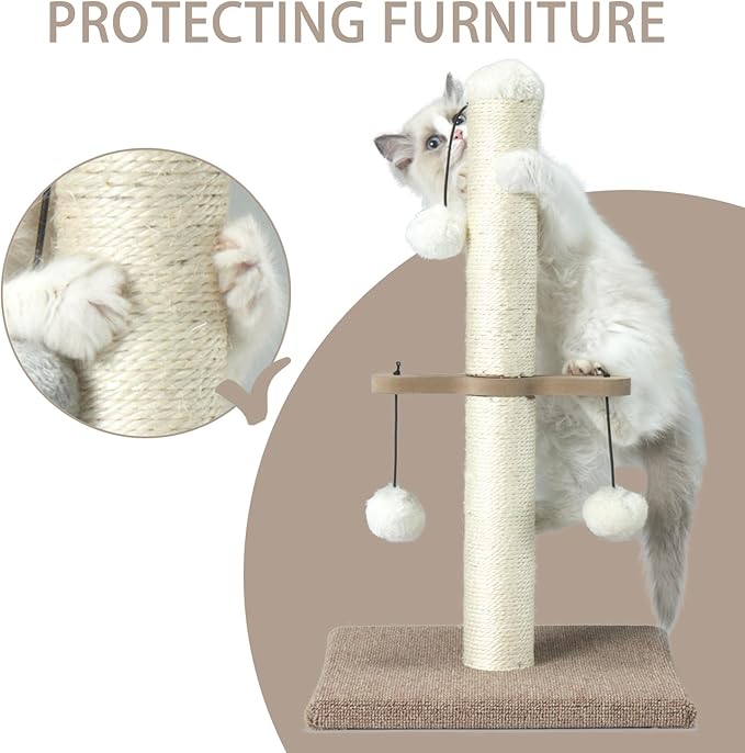 Cat Scratching Post, Small Sisal Scratch Posts for Indoor Kittens and Small Size Cats,with Hanging Ball Toys,21inches Beige