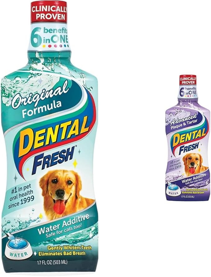 Dog Dental Care Water Additives for Fresher Breath, Teeth Cleaning, and Oral Health - Original 17oz and Advanced Tartar Remover 17oz Formulas