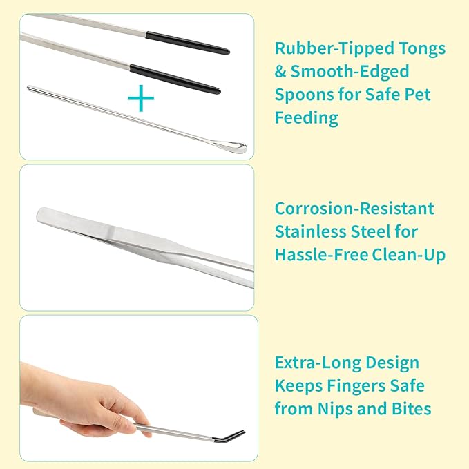 3 Pcs Stainless Steel Reptile Feeding Tool Set with 2 Rubber Tipped Tongs and 1 Crested Gecko Feeding Spoon, Crested Gecko Tank Accessories for Geckos, Lizards, Bearded Dragons, and Small Animals