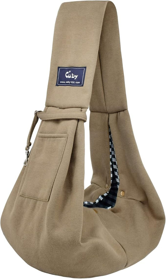 CUBY Dog and Cat Sling Carrier - Hands Free Reversible Pet Papoose Bag - Soft Pouch and Tote Design - Suitable for Puppy, Small Dogs Cats Outdoor (Khaki, Unadjustable strap)