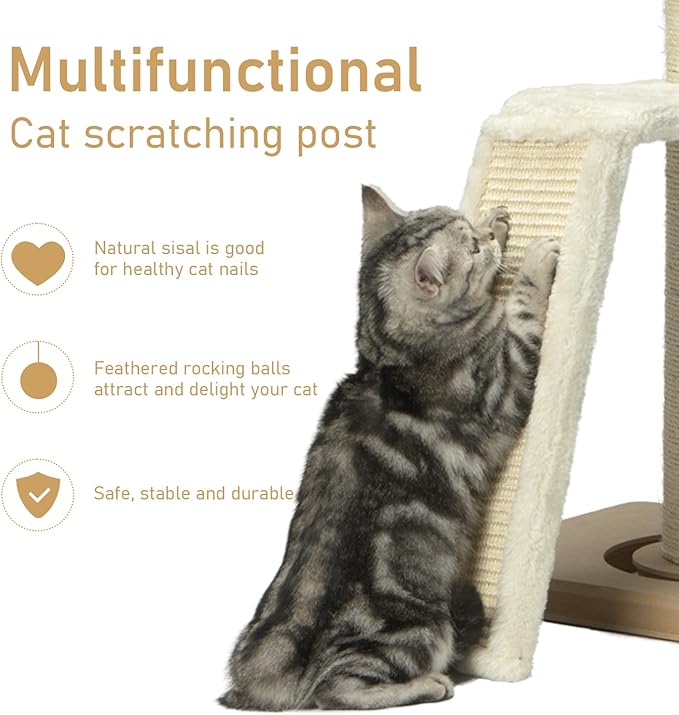 Cat Scratching Post,31" Tall Sisal Scratch Posts with Vertical Scratching Board for Cats and Kittens,with Track Ball and Hanging Feather Ball Toys,Beige