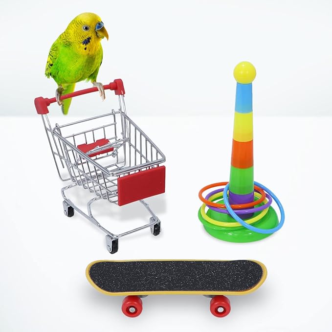 Wontee Bird Toys Mini Shopping Cart Skateboard Ring Toy for Playing and Training of Budgies Cockatiels Caique Quaker Parrot Conures (3 Pack)