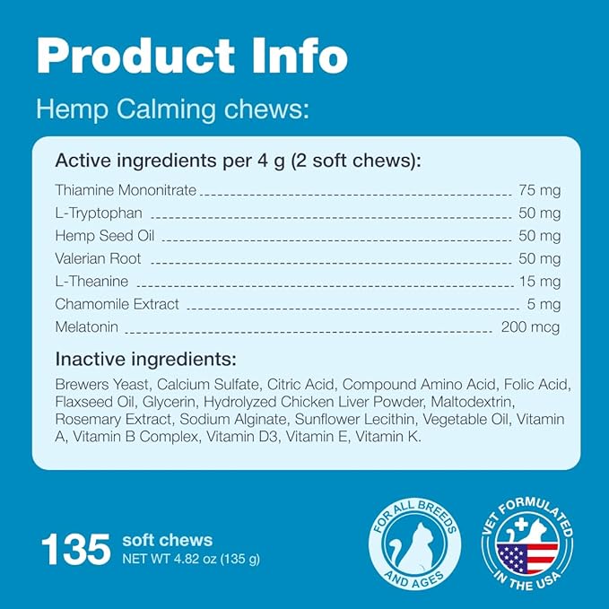 Cat Calming Treats - Hemp Calming Care for Cats - Cat Anxiety Relief - Cat Melatonin Soft Chews with Hemp Seed Oil, L-Tryptophan - Calming Chews for Cats - Storms, Travel, Grooming, Separation