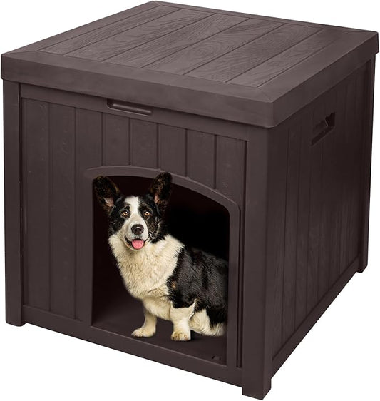 22" Dog House Outdoor with Flip Lid, Small Dog House Indoor Outdoor Weatherproof, Plastic Doghouse for Medium Dogs Outside, Durable Resin Plastic, 220 lbs Top Capacity & Elevated Floor, Brown