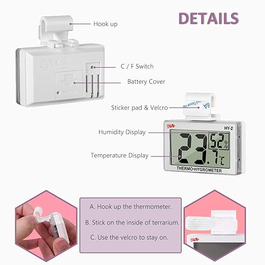 capetsma Reptile Thermometer, Digital Thermometer Hygrometer for Reptile Terrarium, Temperature and Humidity Monitor in Acrylic and Glass Terrarium,Accurate - Easy to Read - No Messy Wires… (1 Pack)