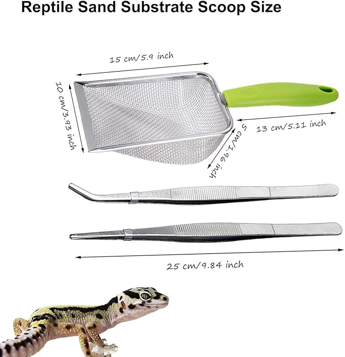 Reptile Sand Substrate Scoop Reptile Sand Fine Mesh Reptile Scooper Stainless Steel Terrarium Substrate Sand Bedding Litter Cleaner Scoop and Reptile Long Feeding Tongs Set (Green & black-2mm)