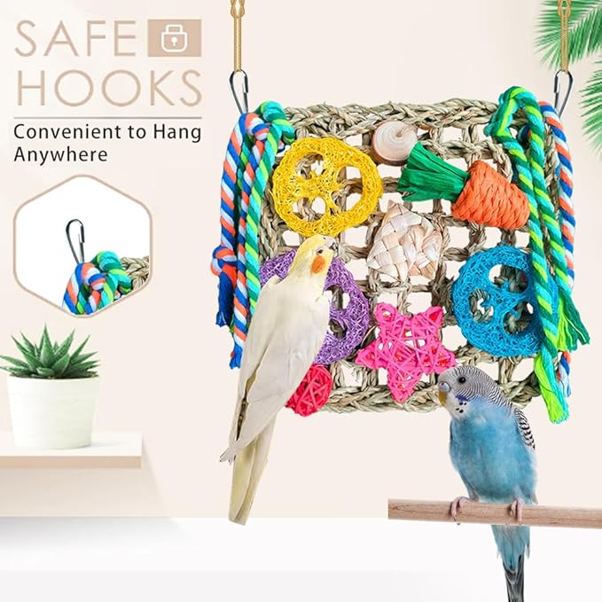 Parrot Toys, 2 Pcs Foraging Shredding Seagrass Wall for Birds, Seagrass Woven Climbing Hammock Mat with Colorful Chewing Toys for Lovebirds, Parakeets, Budgerigars, Conure, Cockatiel