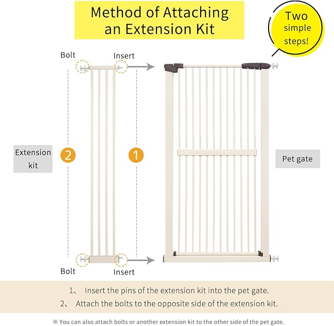 Extra Tall Pet Gate 55.12" High Pressure Mounted 8.27" Wide Extension kit 1.37" Gap (8.27", Cream White)