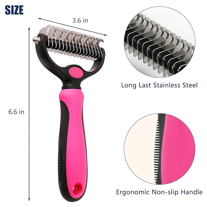 Pet Hair Removal Tool, Dematting and Deshedding Brush for Dogs and Cats, Double Sided Pet Grooming Brush Hair Shedding Comb (Red)