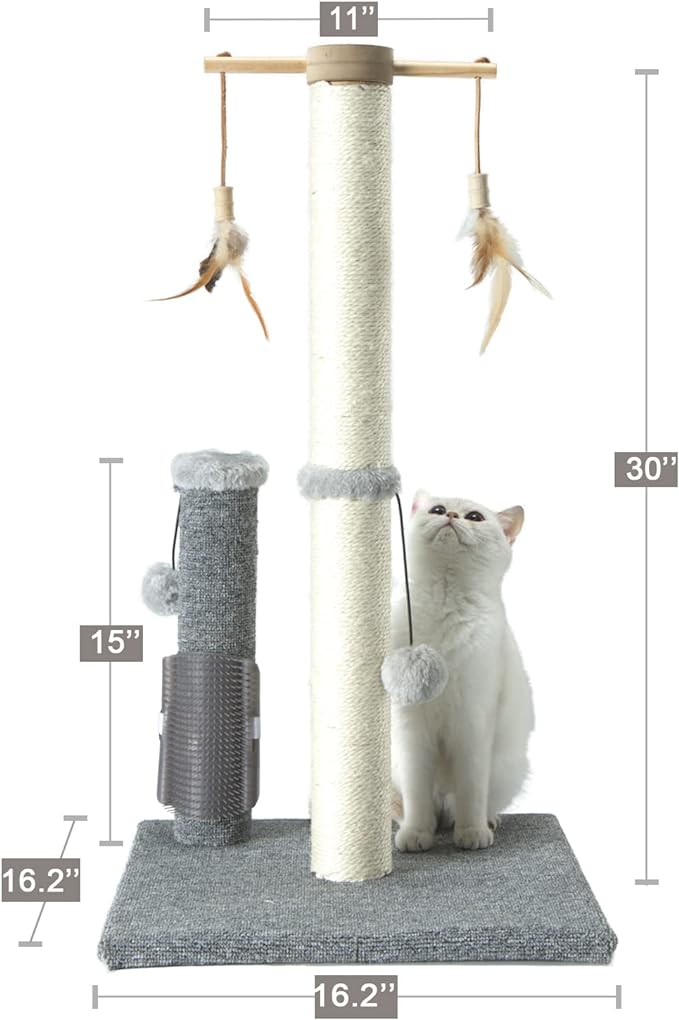 Cat Scratching Post,Sisal Scratch Posts Scratcher for Indoor Cats and Kittens,with self Grooming Bursh and Interactive Toys Vertical Cat Tree 30Inches Tall Grey