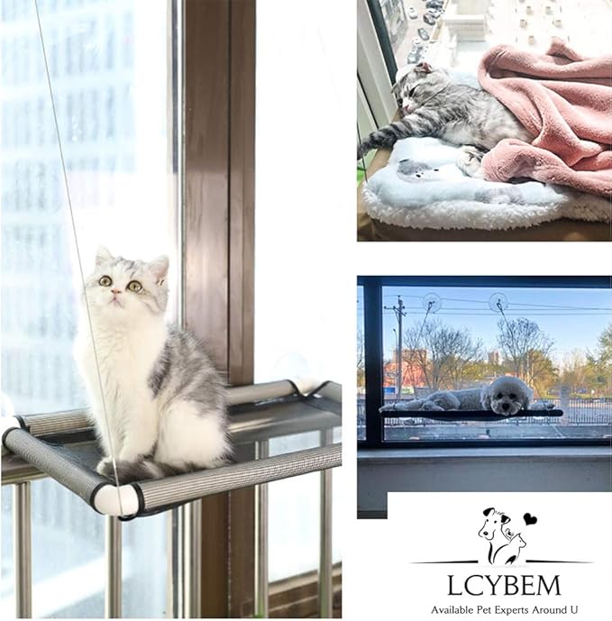 Lcybem Cat Hammocks for Window - Seat Suction Cups Space Saving Cat Bed, Pet Resting Seat Safety Cat Window Perch for Large Cats, Providing All Around 360° Sunbath for Indoor, Weighted up to 33lbs